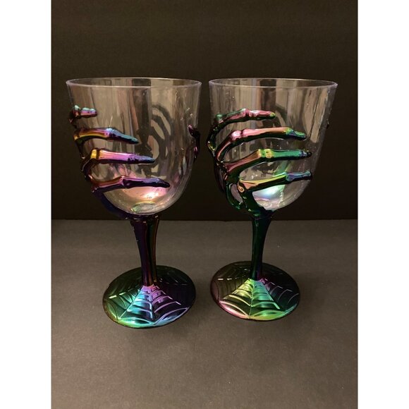 Set Of 2 Multicolored 3D Skeleton Hand Plastic Goblets with Spider Web Base - Picture 1 of 5